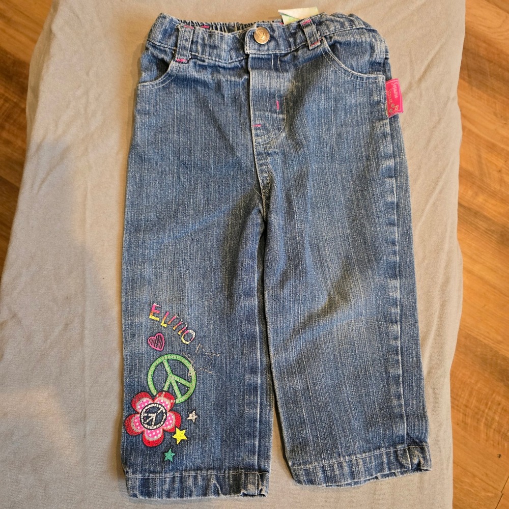 Sesame Street Elmo Peace Flower Embroidered Denim Jeans Toddler Girls 18M